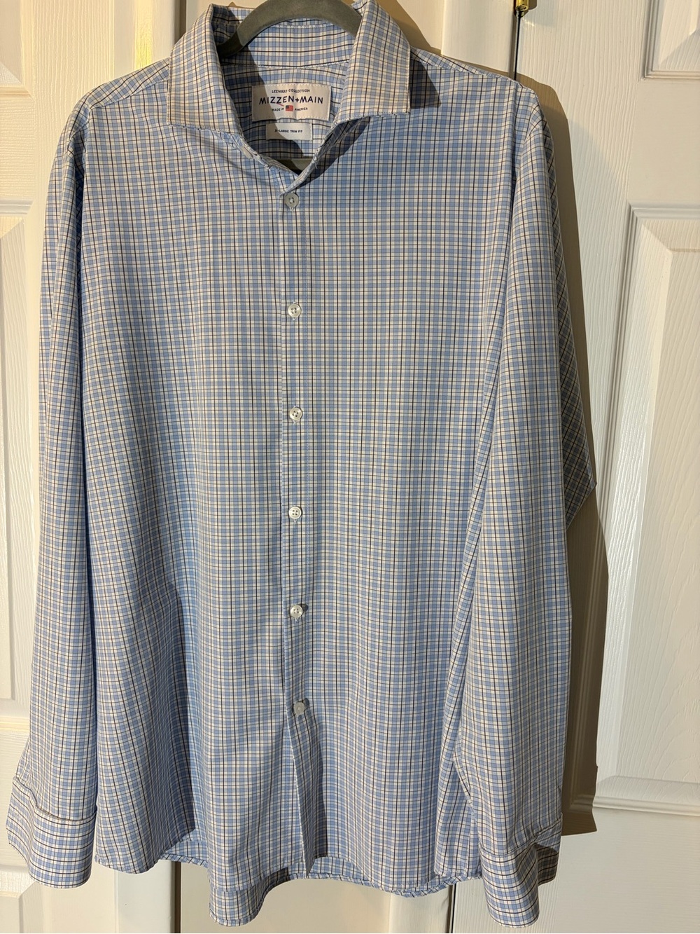 Mizzen+Main Leeward Collection Light Blue Plaid Dress Shirt XL Trim Fit